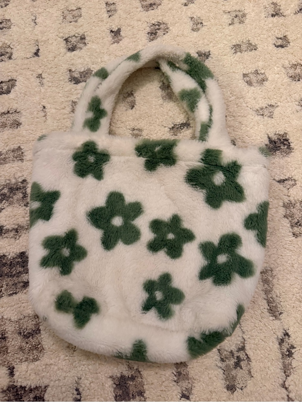Faux Fur Mini Tote Bag in White with Green Floral Print 8”w*8”h